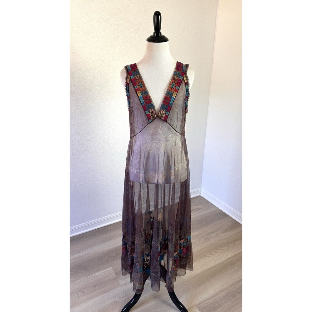 BIYA Johnny Was V Neck Embroidered Nylon Mesh Maxi Dress No Slip 36” Bust - Picture 2 of 16